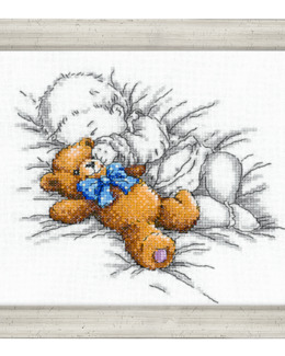 Broderipakke Bilde Baby med teddybjørn Strikking, pynt, garn og strikkeoppskrifter