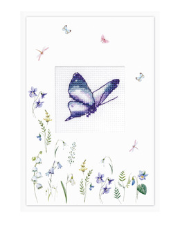 Broderipakke Kort Blå sommerfugl Strikking, pynt, garn og strikkeoppskrifter