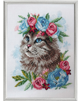 Broderipakke Bilde Katt med blomster Strikking, pynt, garn og strikkeoppskrifter