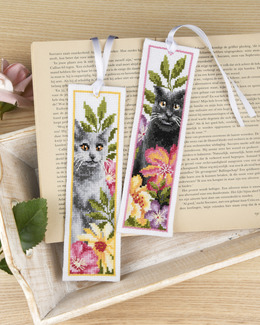 Broderipakke Bokmerke Katt & Blomster 2-pk Strikking, pynt, garn og strikkeoppskrifter