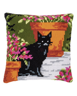 Broderikit Kudde Katt i Blomstergård