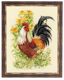Broderikit Tavla Tupp bland blommor