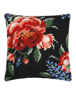 Broderikit Kudde Ros på svart